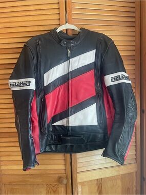 Vintage Fieldsheer Red and Black Leather Motorcycle Jacket Womens XL size 44